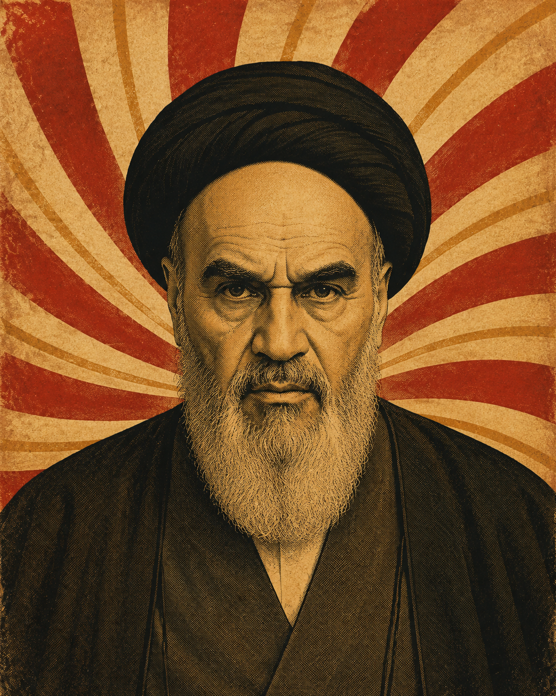 Historical portrait of Ruhollah Khomeini in poster treatment