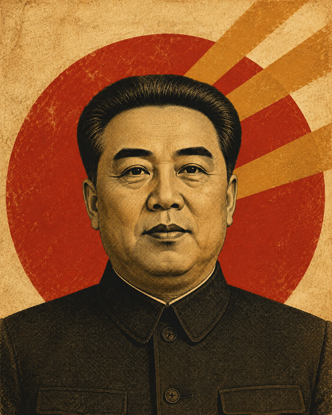 Historical portrait of North Korean founder Kim Il Sung in poster treatment