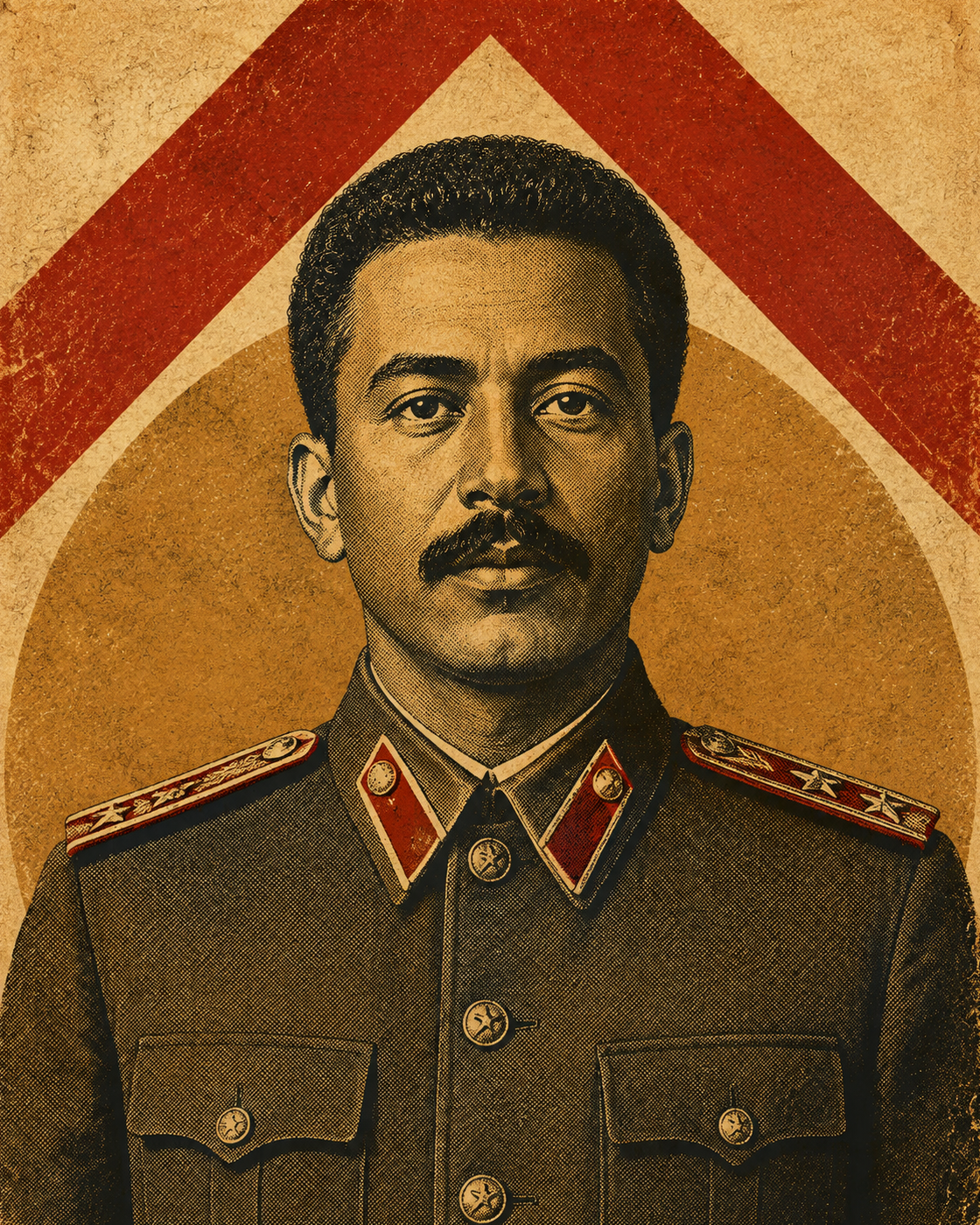 Historical portrait of Mengistu Haile Mariam in poster treatment