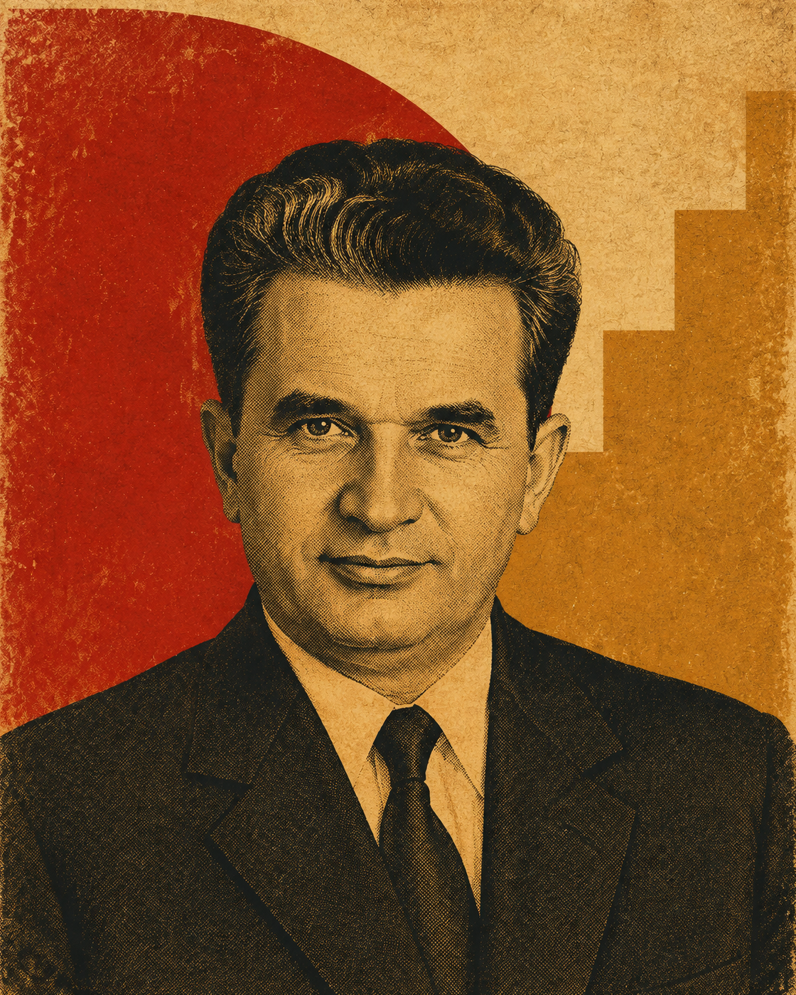 Historical portrait of Nicolae Ceaușescu in poster treatment