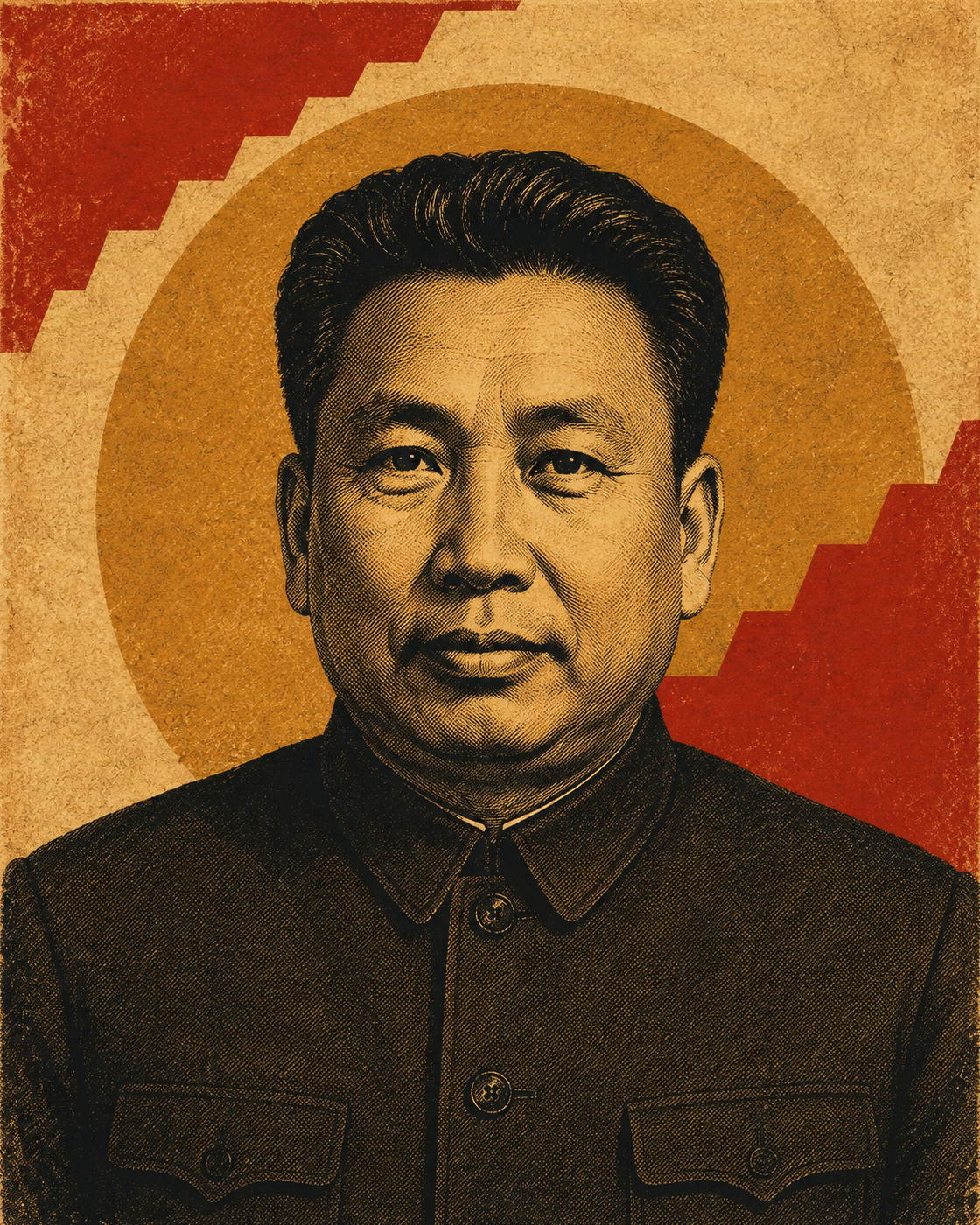 Historical portrait of Pol Pot in poster treatment