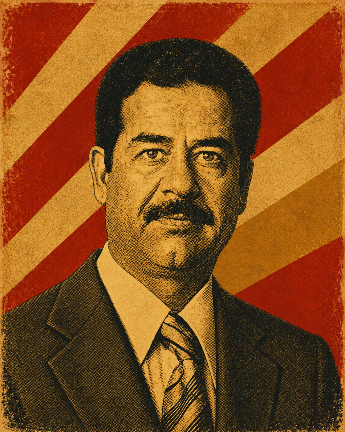 Poster-style historical portrait of Saddam Hussein